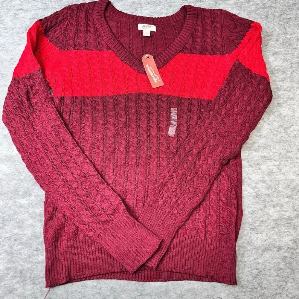Arizona Jr. Sweater Womens 2X XXL Cable‎ Knit V-Neck Colorblock Cabernet Red